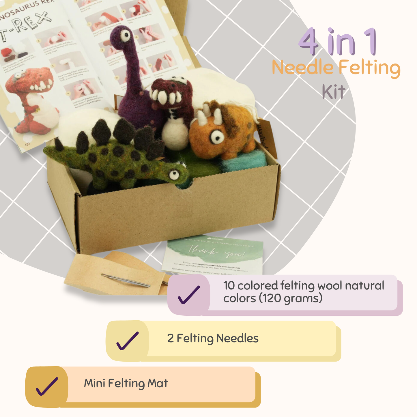 Dinosaur needle felting  Kit - 4 Dino